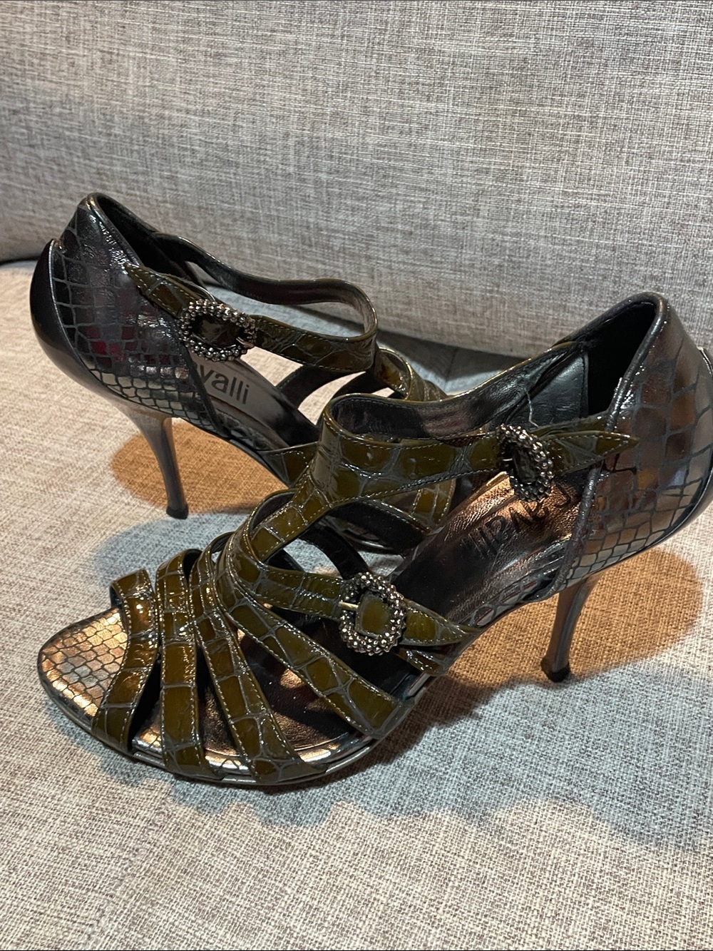 Just Cavalli Olive Green Embossed Leather Strappy Stiletto Sandals EU 37 US 6.5